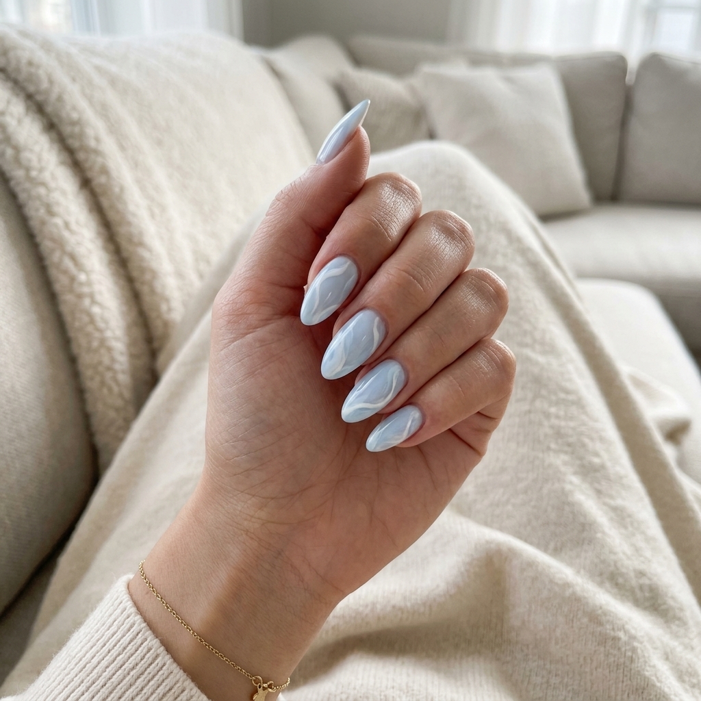 Summer Classy Nails 2026: Blue Swirls Almond Dreamy Blue Swirls Almond nails for summer classy nails 2026. Whimsical art for vacations.