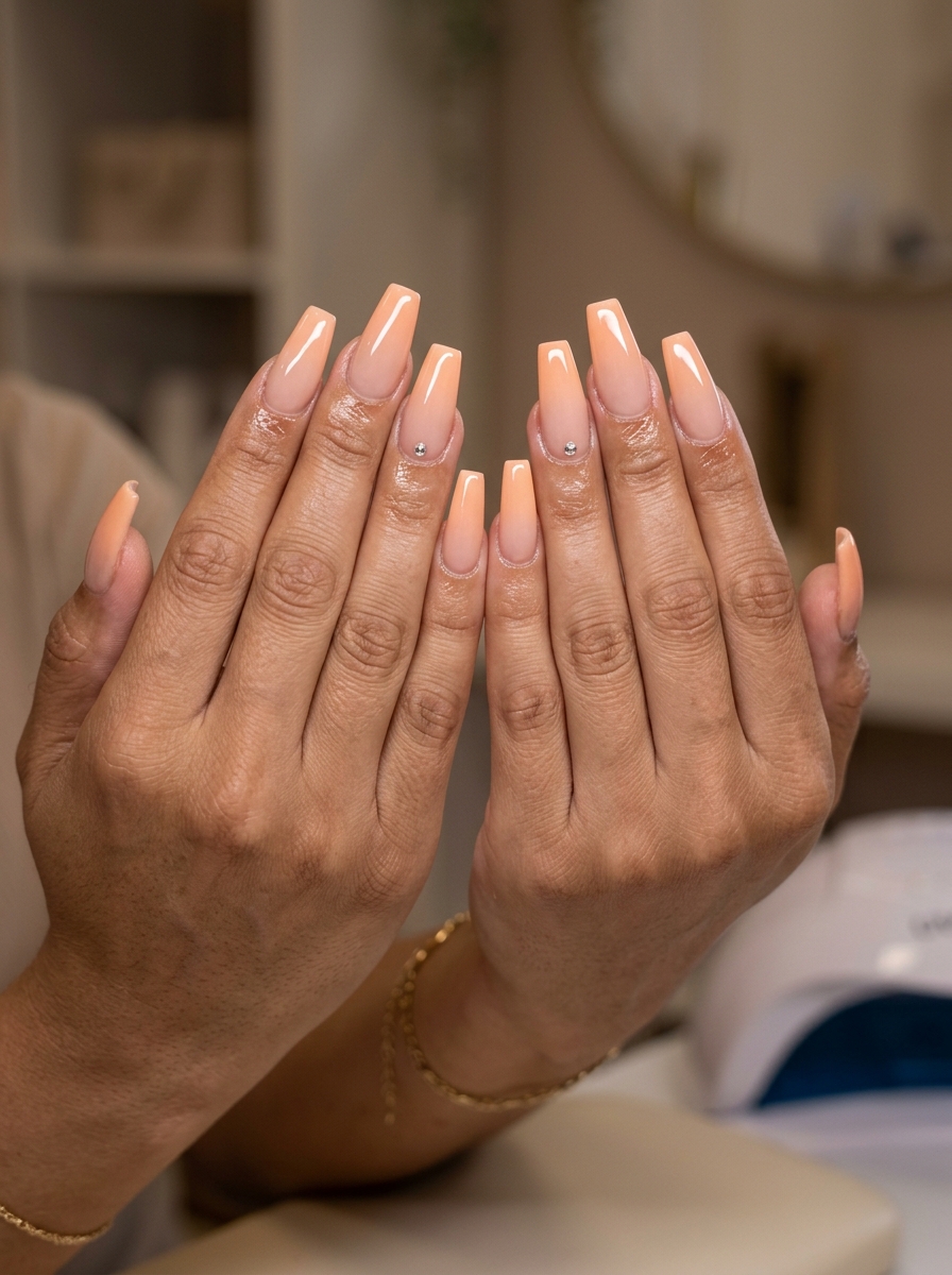 Summer Classy Nails 2026: Peach Ombre Elegance Soft Peach Ombre Coffin nails for summer classy nails 2026. Elegant nude to peach gradient for formal events.