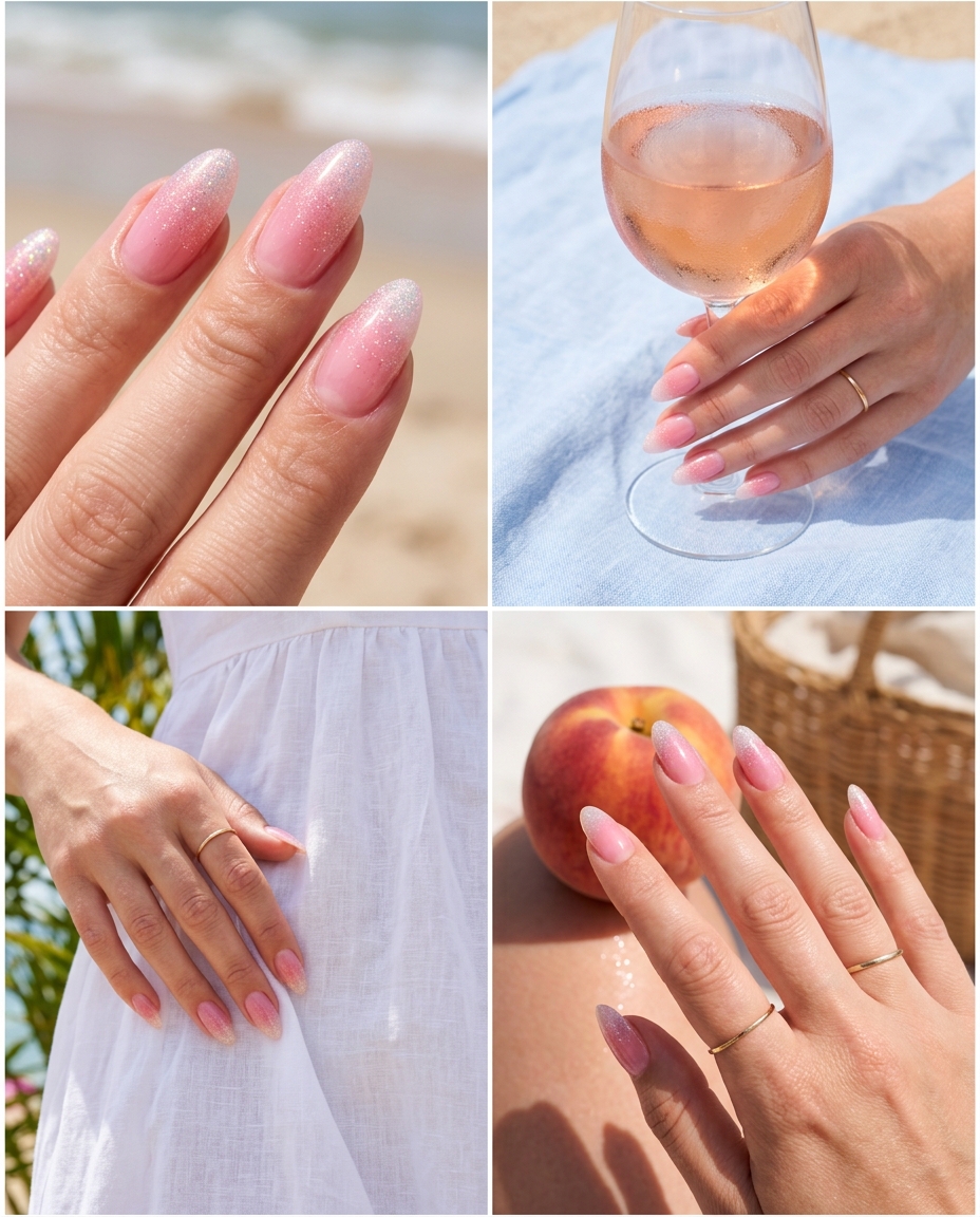 Summer Classy Nails 2026: Pink Glitter Gradient Almond Romantic ethereal pink glitter gradient almond nails for summer classy nails 2026. Glamorous bridal style.