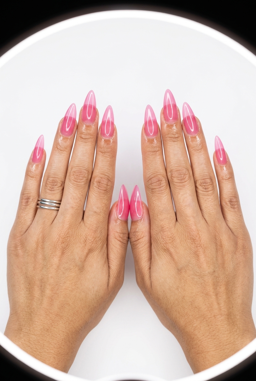 Summer Classy Nails 2026: Sheer Pink Jelly Stiletto Vibrant sheer pink jelly stiletto nails for summer classy nails 2026. Bold, playful party & vacation look.