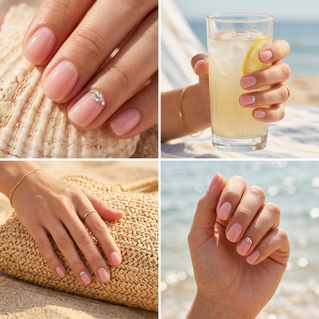 Summer Classy Nails 2026: Sheer Pink Rhinestones Sheer pink nails with rhinestone accents for a chic summer 2026 look. Perfect for casual dates or wedding guests.