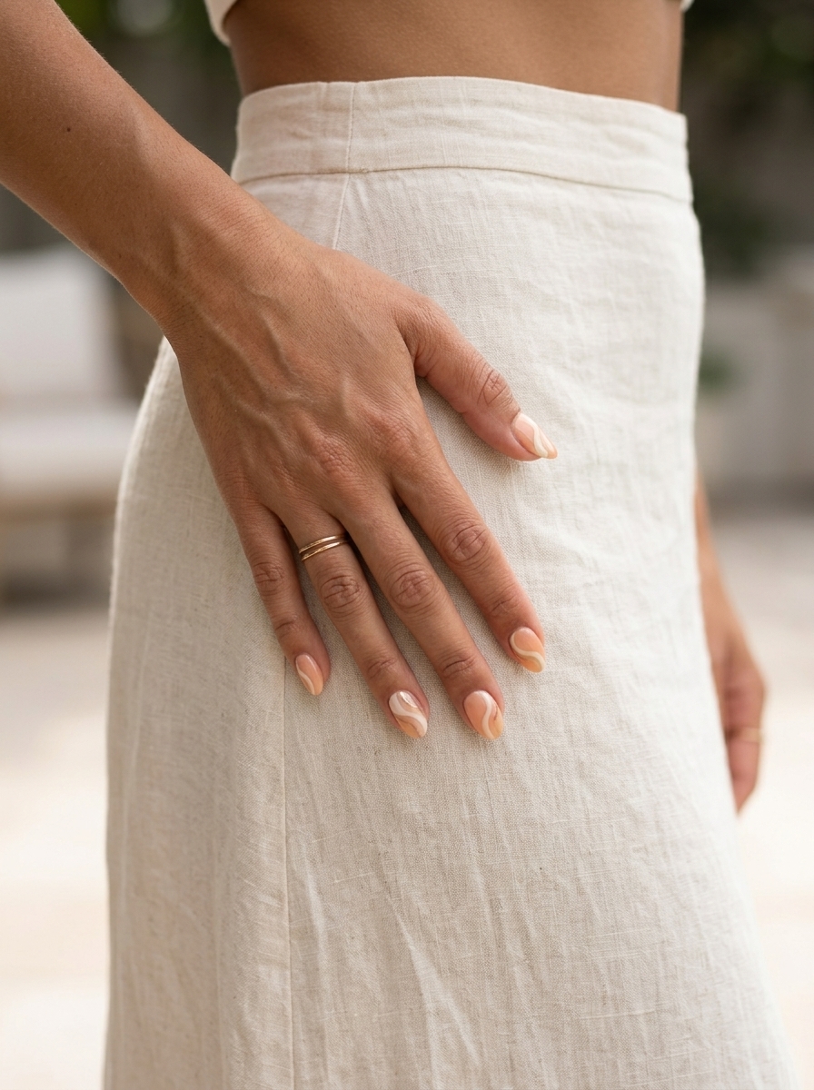 Summer Classy Nails 2026: Soft Peach Squoval Swirls Artistic soft peach squoval swirls with gold for summer classy nails 2026. Bohemian festival & date night.