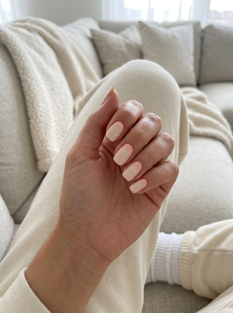 Summer Classy Nails 2026: Sunset Peach French Sunset Peach Reverse French nails for summer classy nails 2026. Playful yet sophisticated peach and nude for date nights.