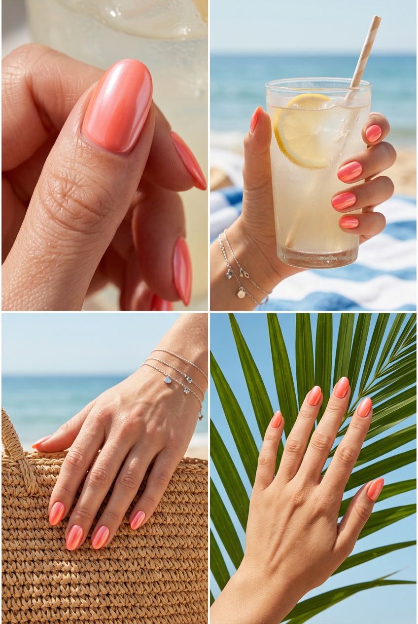 Coral Glaze Dream nails: bright coral with pearlescent sheen, perfect for summer colorful nails designs 2026.