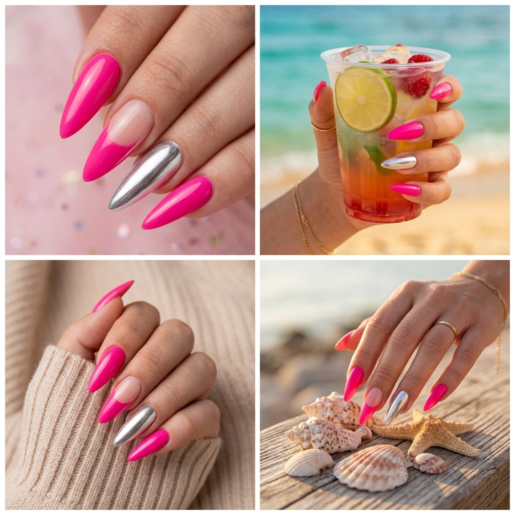 Disco Pink Chrome Accents nails: hot pink with silver chrome for summer colorful nails designs 2026.