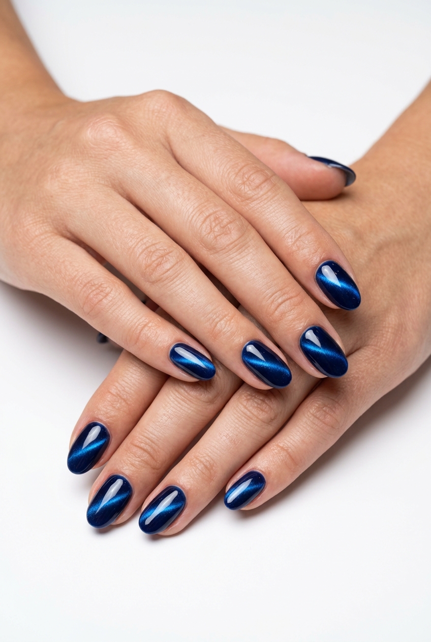 Electric blue cat-eye nails for summer colorful nails designs 2026. Sultry, mysterious, bold look on medium coffin nails.
