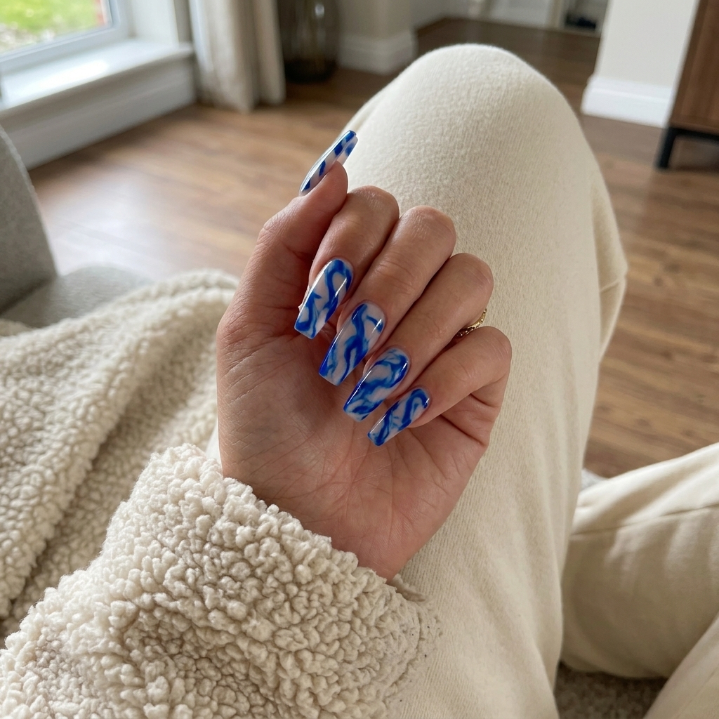 Summer colorful nails designs 2026: Electric blue marble negative space for parties and festivals.