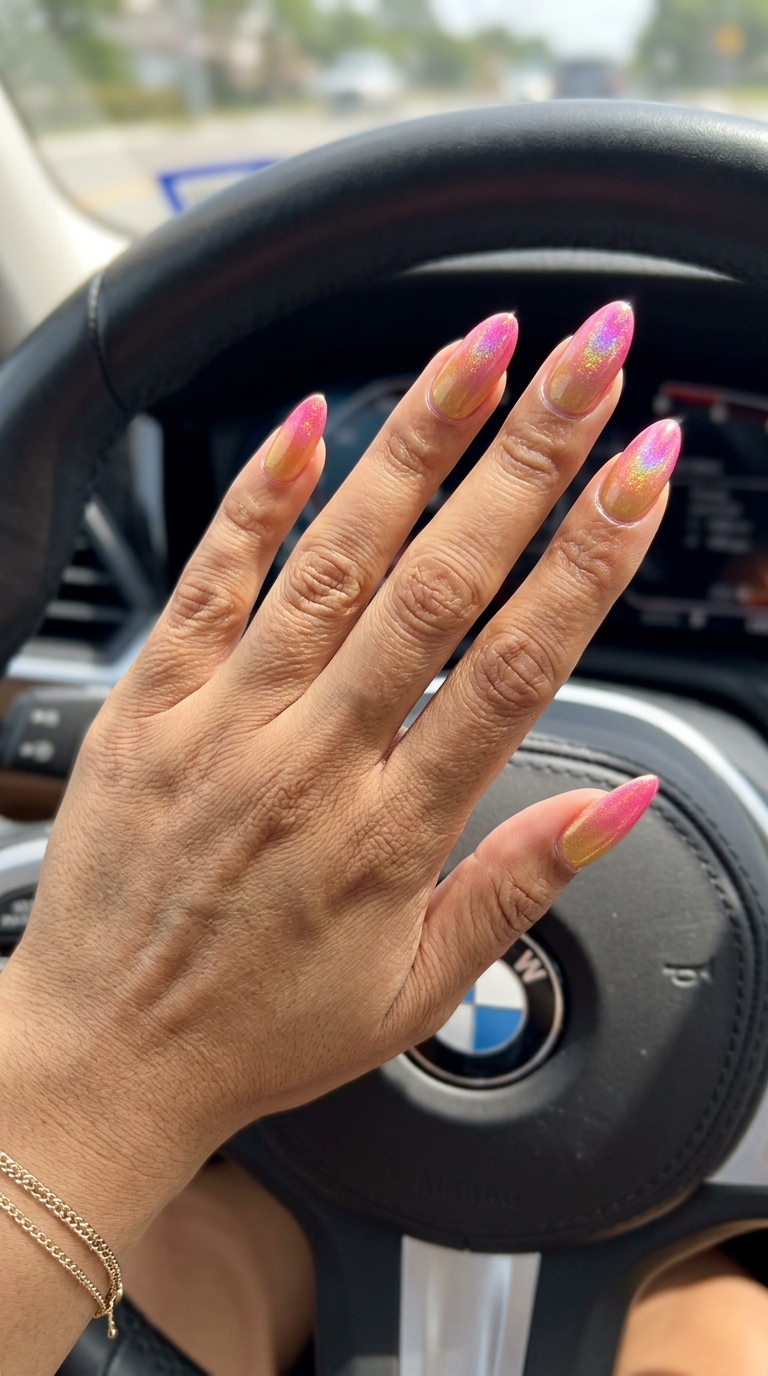 Holographic sunset ombre nails for summer colorful nails designs 2026. Glamorous, vibrant, dreamy look on long almond nails.