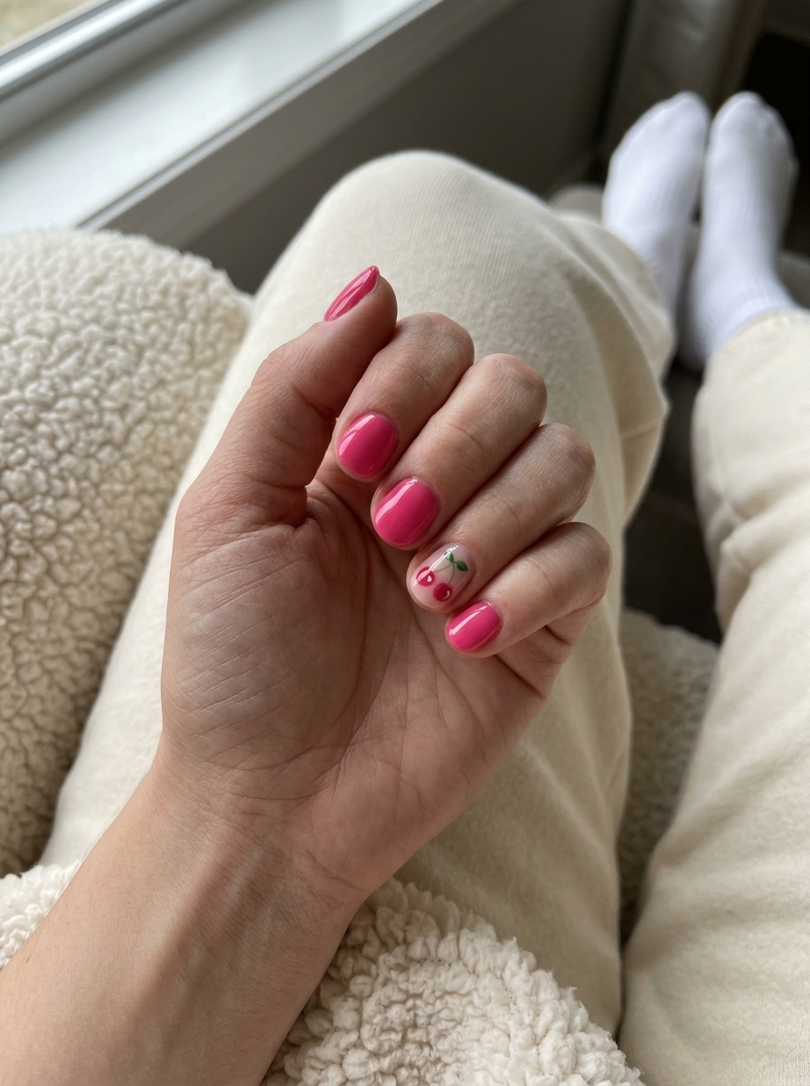 Hot pink nails with cherry red accent design for summer outings, a sassy choice for summer colorful nails designs 2026.