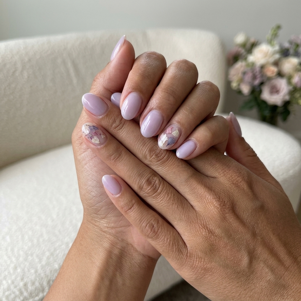 Summer colorful nails designs 2026: Milky lavender with floral accents for garden parties.