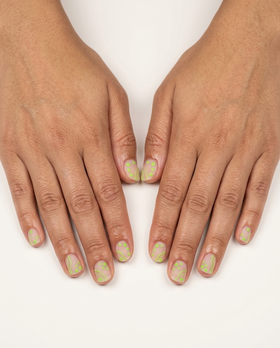 Lime Dotty Lines nails: playful lime green dots and lines on clear base for summer colorful nails designs 2026.