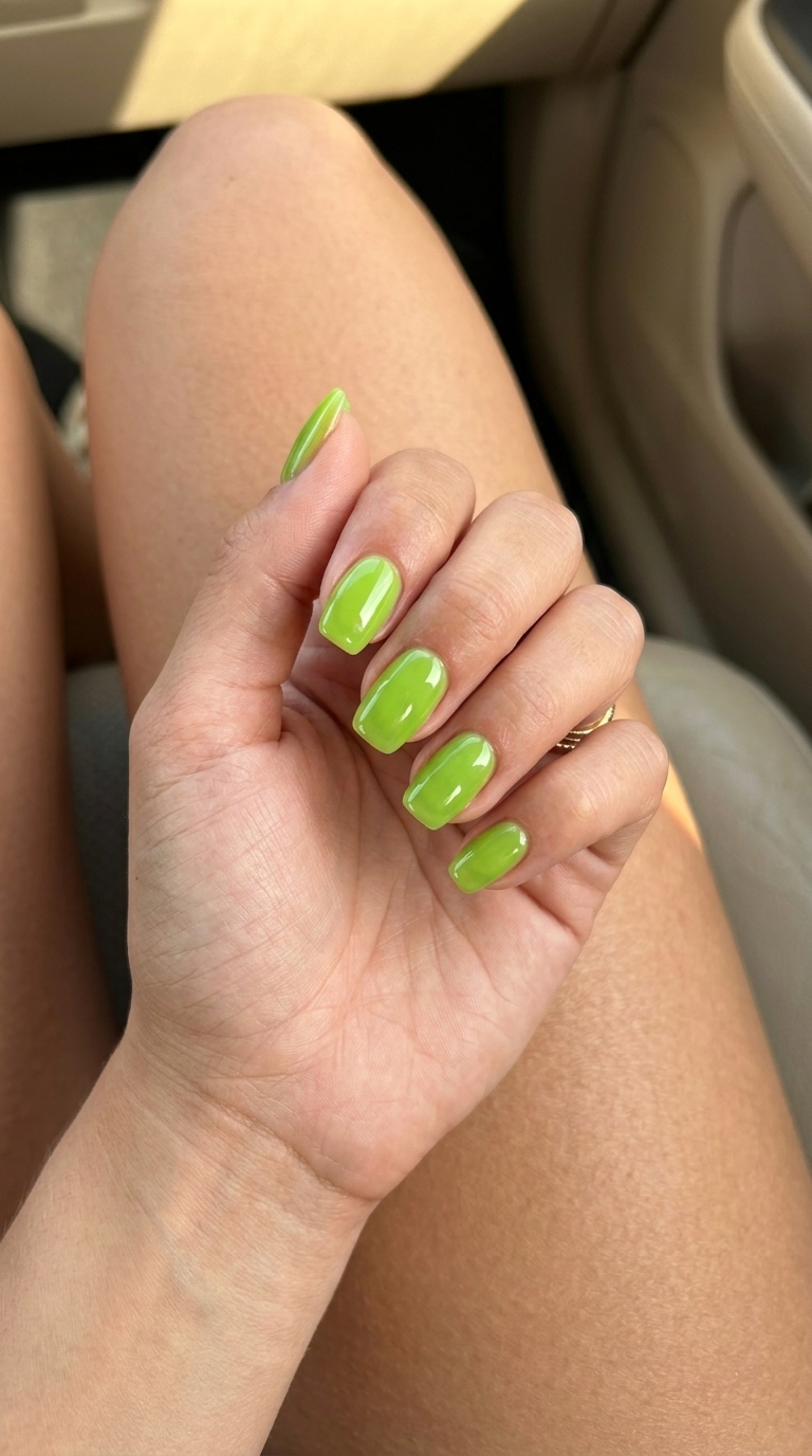 Summer colorful nails designs 2026: Vibrant lime green jelly nails for vacation and festivals.
