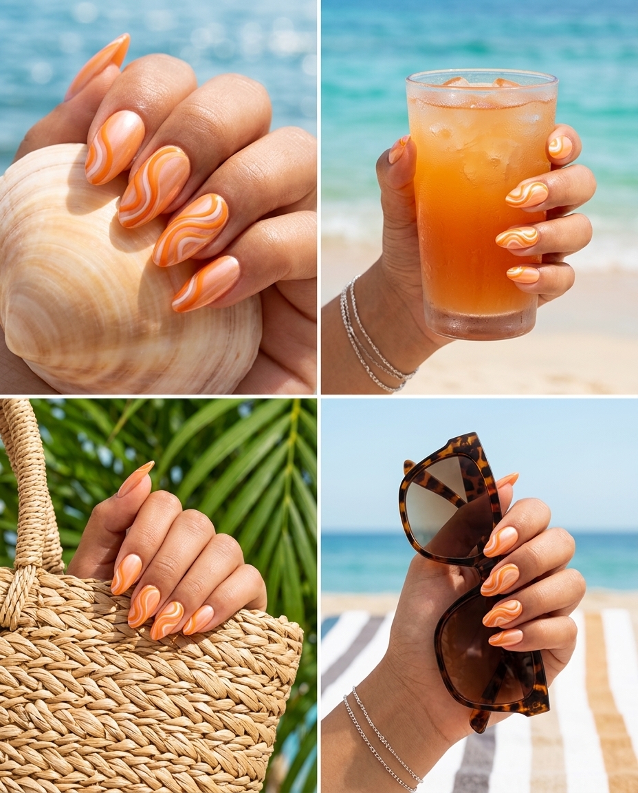 Peach fuzz and soft gold pearlescent swirl nails for wedding guest and date night, part of summer colorful nails designs 2026.