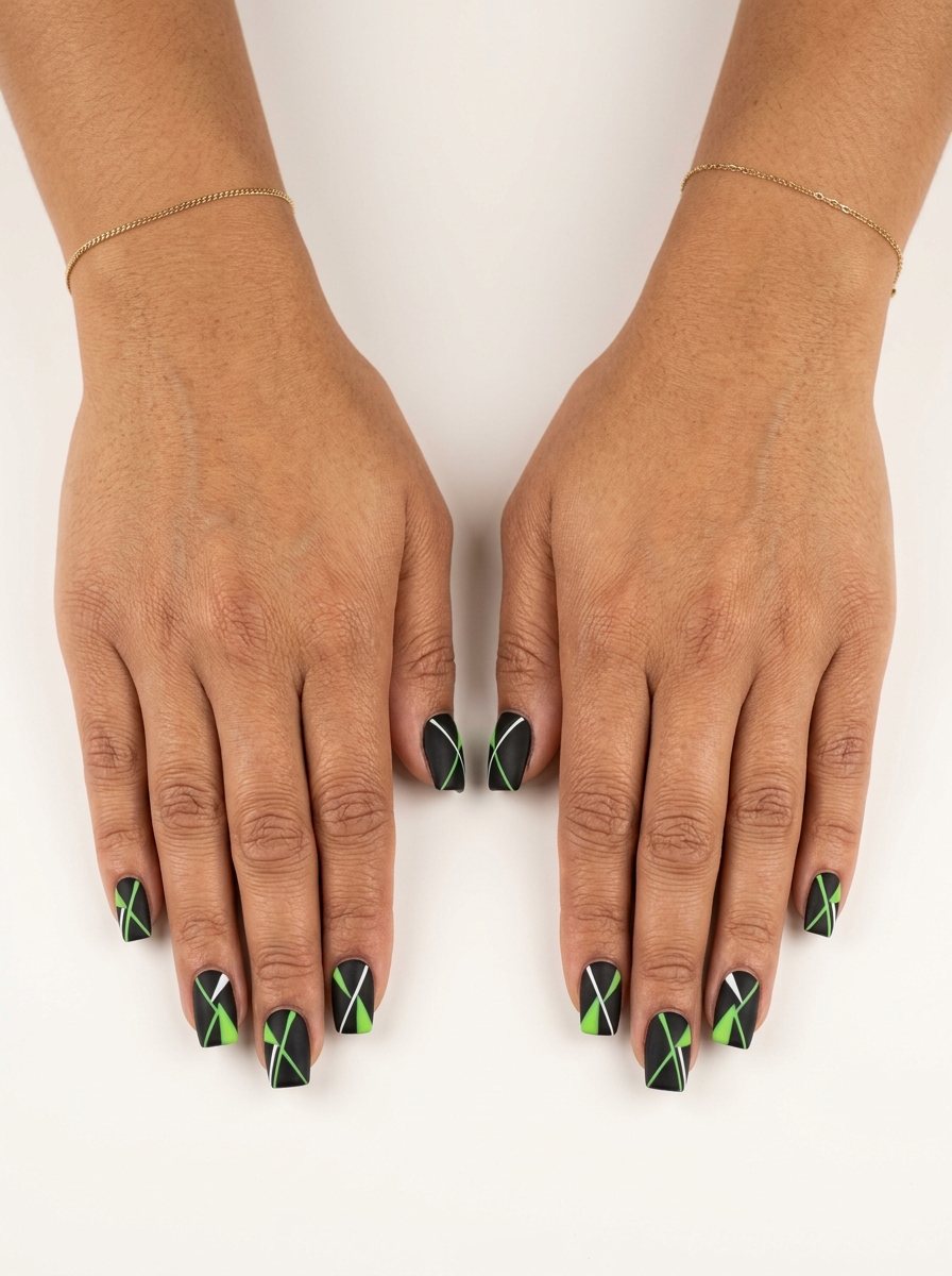 Verdant geometry matte nails with lime green and black, modern for summer colorful nails designs 2026 festivals.