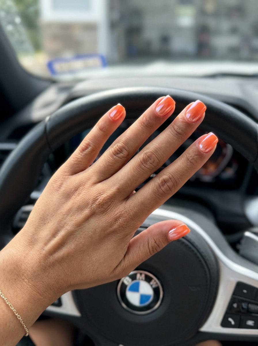Vivid coral glazed donut nails for summer colorful nails designs 2026. Clean, fresh, radiant look with pearlescent shimmer.