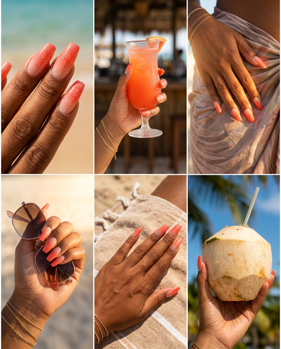 Coral Glitter Ombre Summer Dip Nails 2026 Coral glitter ombre coffin nails for summer dip nails 2026, perfect for parties and festivals.