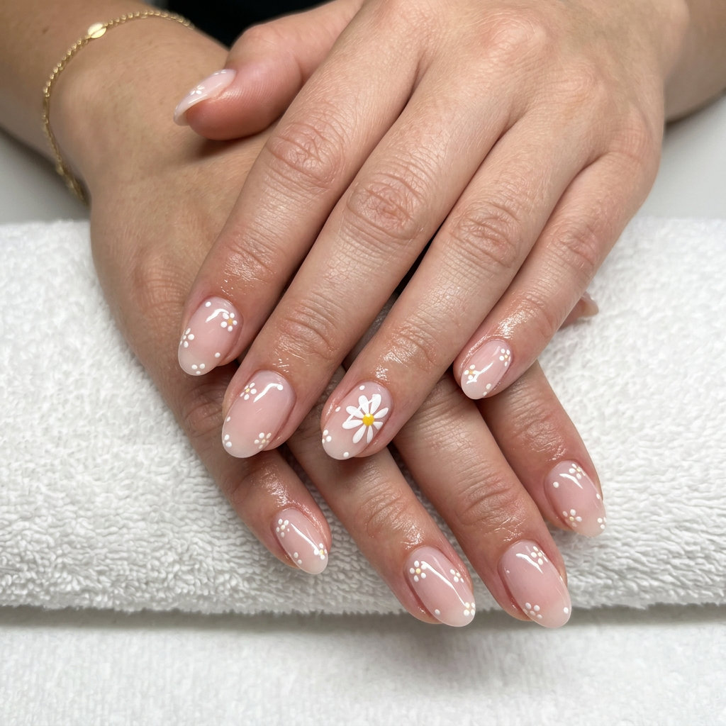 Daisy Dot Nails 2026: Sweet Summer Fun Daisy dot oval nails for summer dip nails 2026. Sweet and lighthearted for vacation.