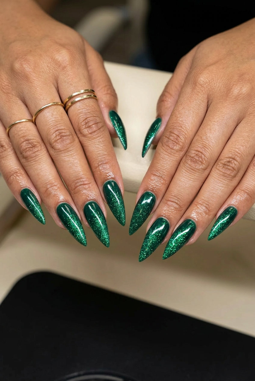 Emerald Glitter Ombre Nails 2026: Bold Glamour Emerald glitter ombre stiletto nails for summer dip nails 2026. Glamorous and festive for parties.