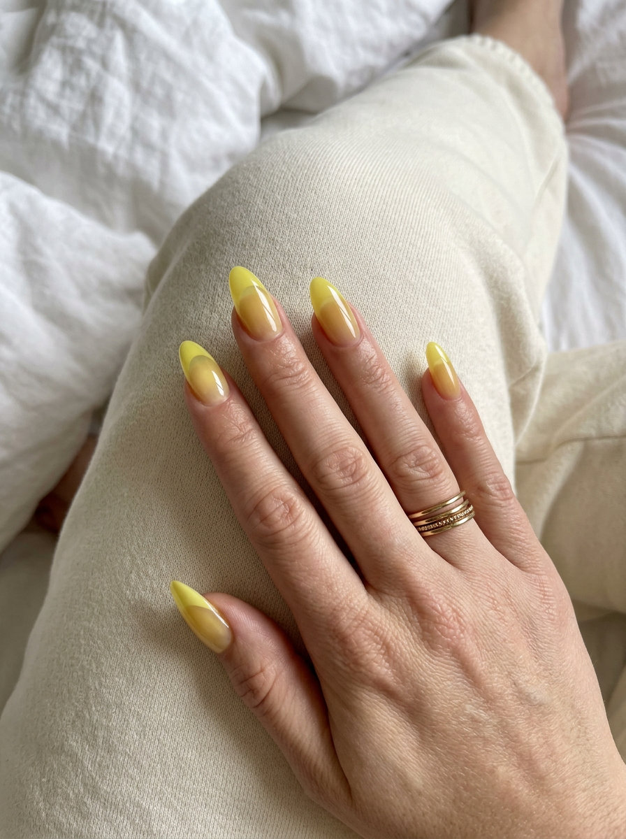 Lemon Jelly French Tips 2026: Sunny Vibes Lemon zest jelly French tip almond nails for summer dip nails 2026. Playful and sunny for vacation.