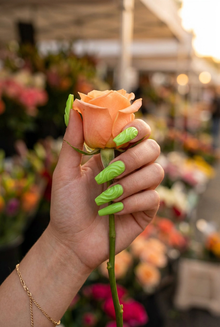 Lime Green 3D Swirls Coffin | Summer Dip Nails 2026 Playful lime green 3D swirl coffin nails for summer dip nails 2026 party style.