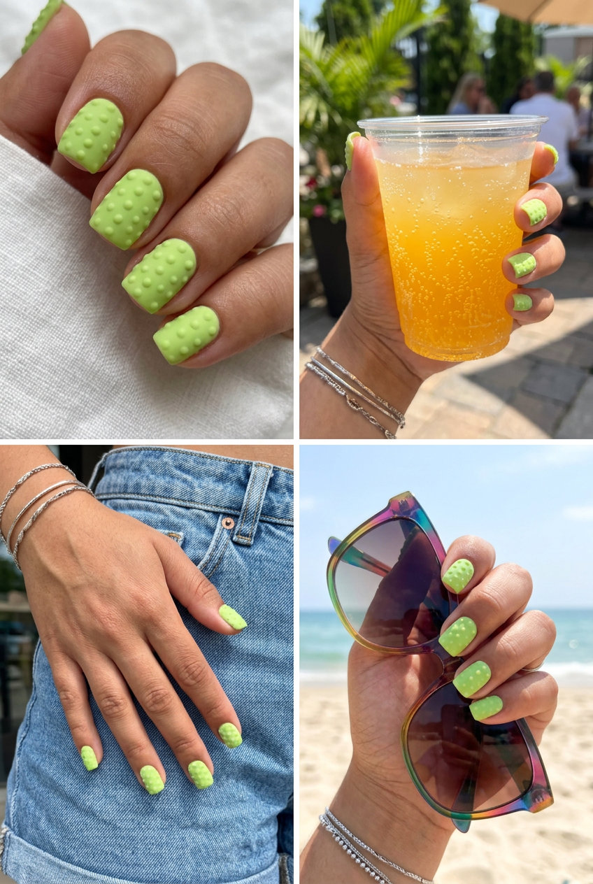 Lime Green Dot Nails 2026: Playful Texture Lime green textured dots square nails for summer dip nails 2026. Playful and energetic for casual fun.