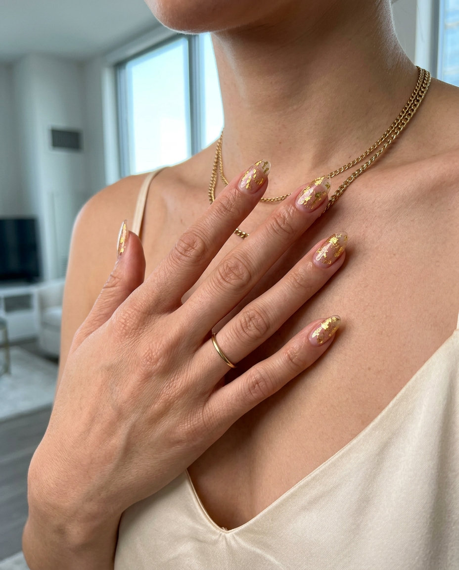 Liquid Gold Jelly Nails 2026: Glamorous Shine Liquid gold jelly almond nails for summer dip nails 2026. Glamorous and luxurious for parties.