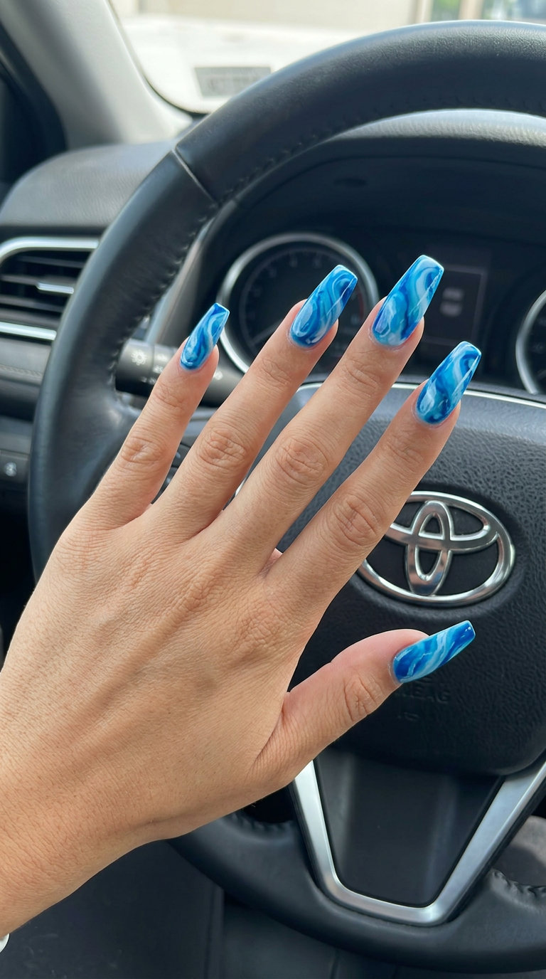 Oceanic Marble Flare Tips | Summer Dip Nails 2026 Glamorous oceanic marble flare tip nails for summer dip nails 2026 party events.