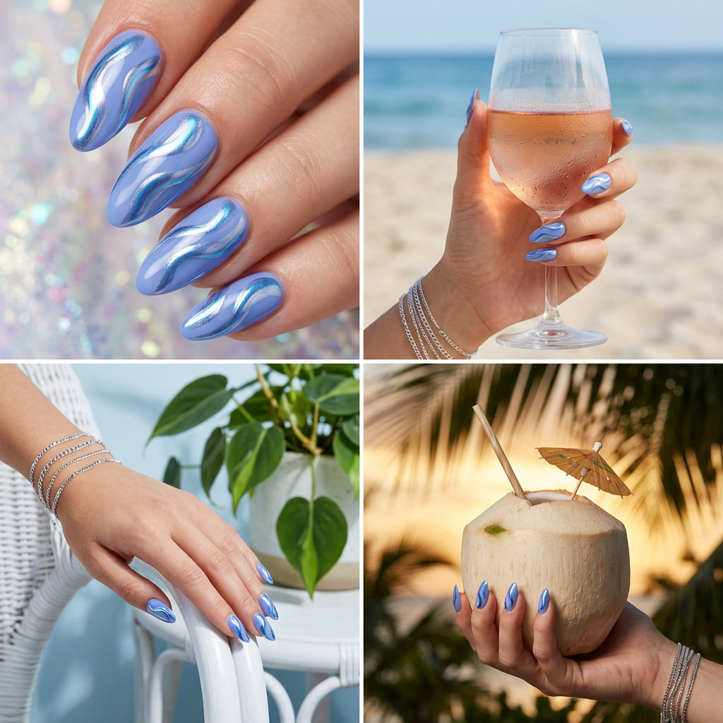 Periwinkle Blue Chrome Swirls | Summer Dip Nails 2026 Futuristic periwinkle blue chrome swirl nails for summer dip nails 2026 evening events.