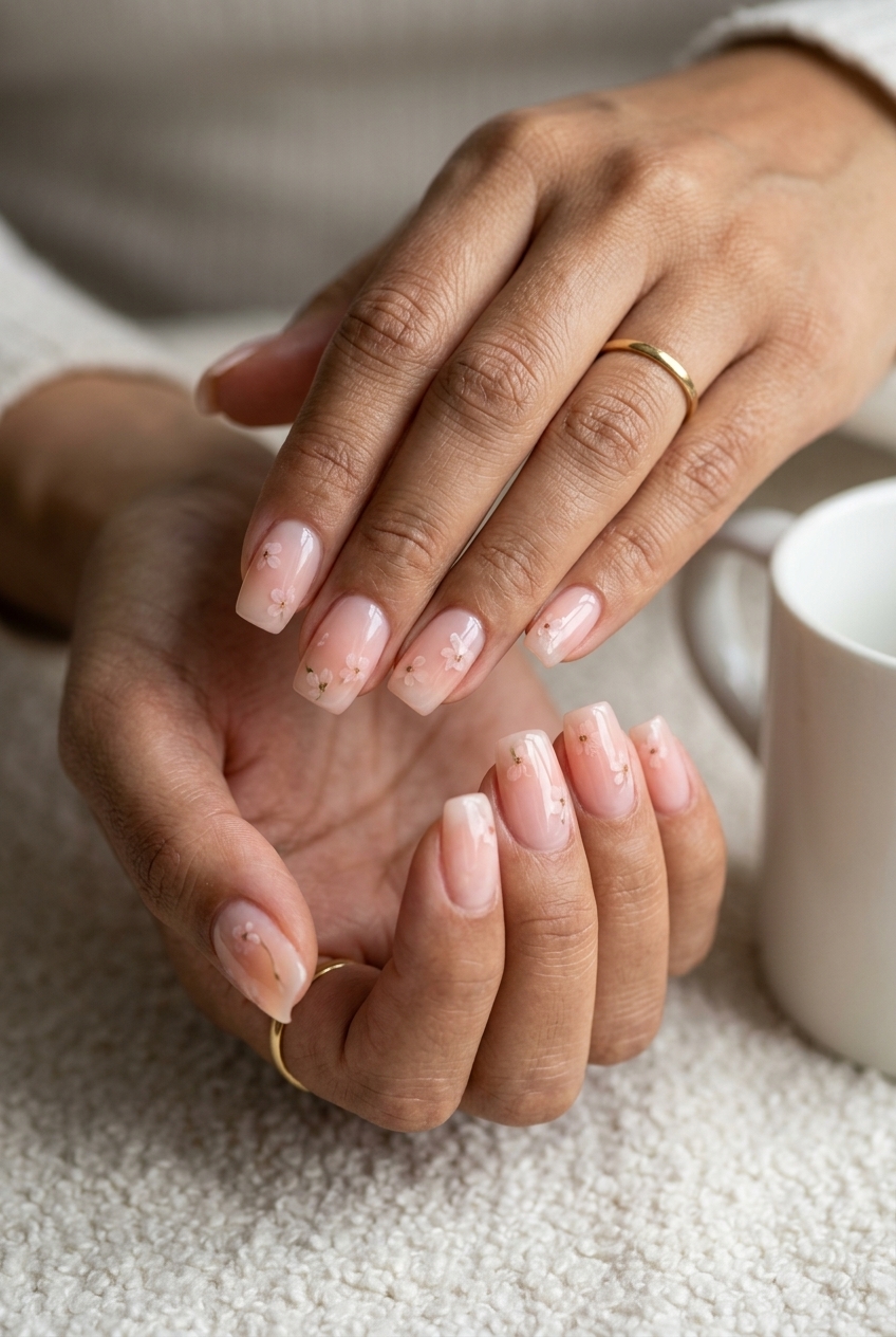 Sheer Peach Floral Summer Dip Nails 2026 Sheer peach milk bath floral nails for summer dip nails 2026, perfect for weddings.