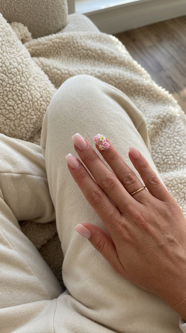Sheer Pink Floral Summer Dip Nails 2026 Sheer pink 3D floral charm accent nails for summer dip nails 2026, ideal for weddings.