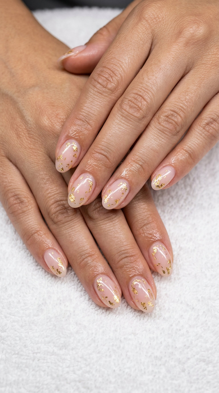 Sheer Pink Gold Flake Whisper | Summer Dip Nails 2026 Elegant sheer pink gold flake nails for summer dip nails 2026 wedding guest style.