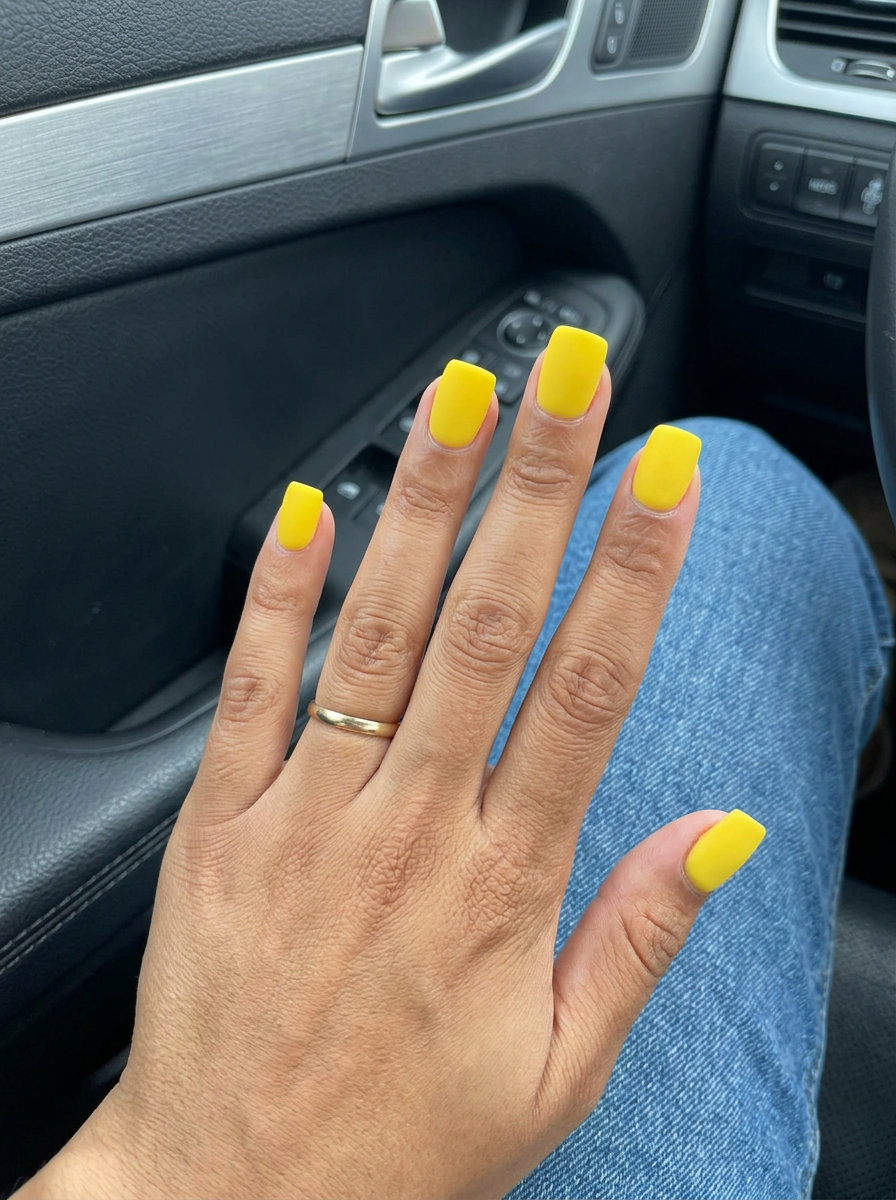 Solid Matte Yellow Pop | Summer Dip Nails 2026 Bold bright yellow matte nails for summer dip nails 2026 casual day out style.