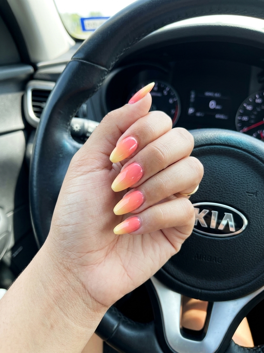 Sunset Aura Ombre Almond | Summer Dip Nails 2026 Romantic sunset aura ombre almond nails for summer dip nails 2026 vacation style.