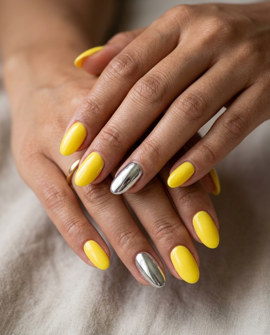 Yellow Chrome Nails 2026: Bold Pop Sunshine chrome pop square nails for summer dip nails 2026. Playful and bold for weekend fun.