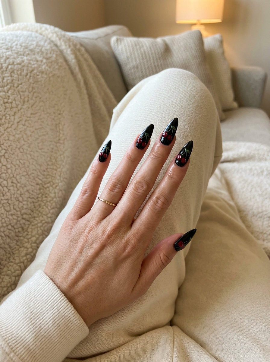 Realistic cherry pair stiletto nails in black and red for glamorous summer fruits nail art 2026.