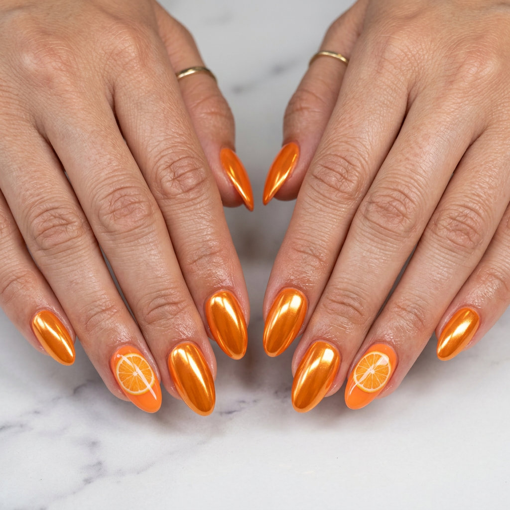 Glamorous citrus chrome pop almond nails for summer fruits nail art 2026, with juicy orange and realistic orange slice details.