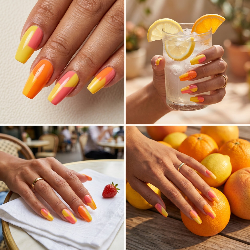 Abstract citrus color blocking coffin nails in orange, yellow, and pink for summer fruits nail art 2026 party.