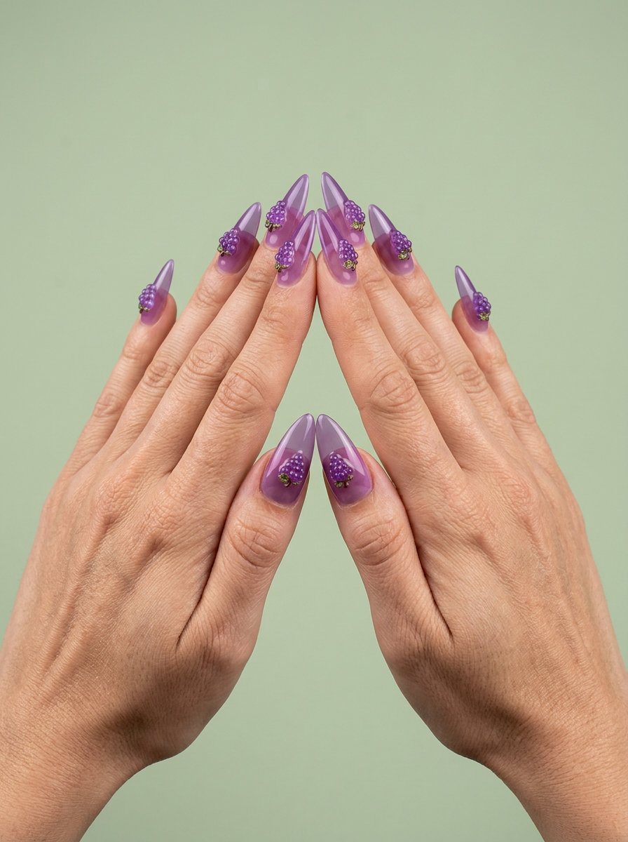 Vineyard delight charm stilettos with sheer purple jelly and grape cluster charms for summer fruits nail art 2026.