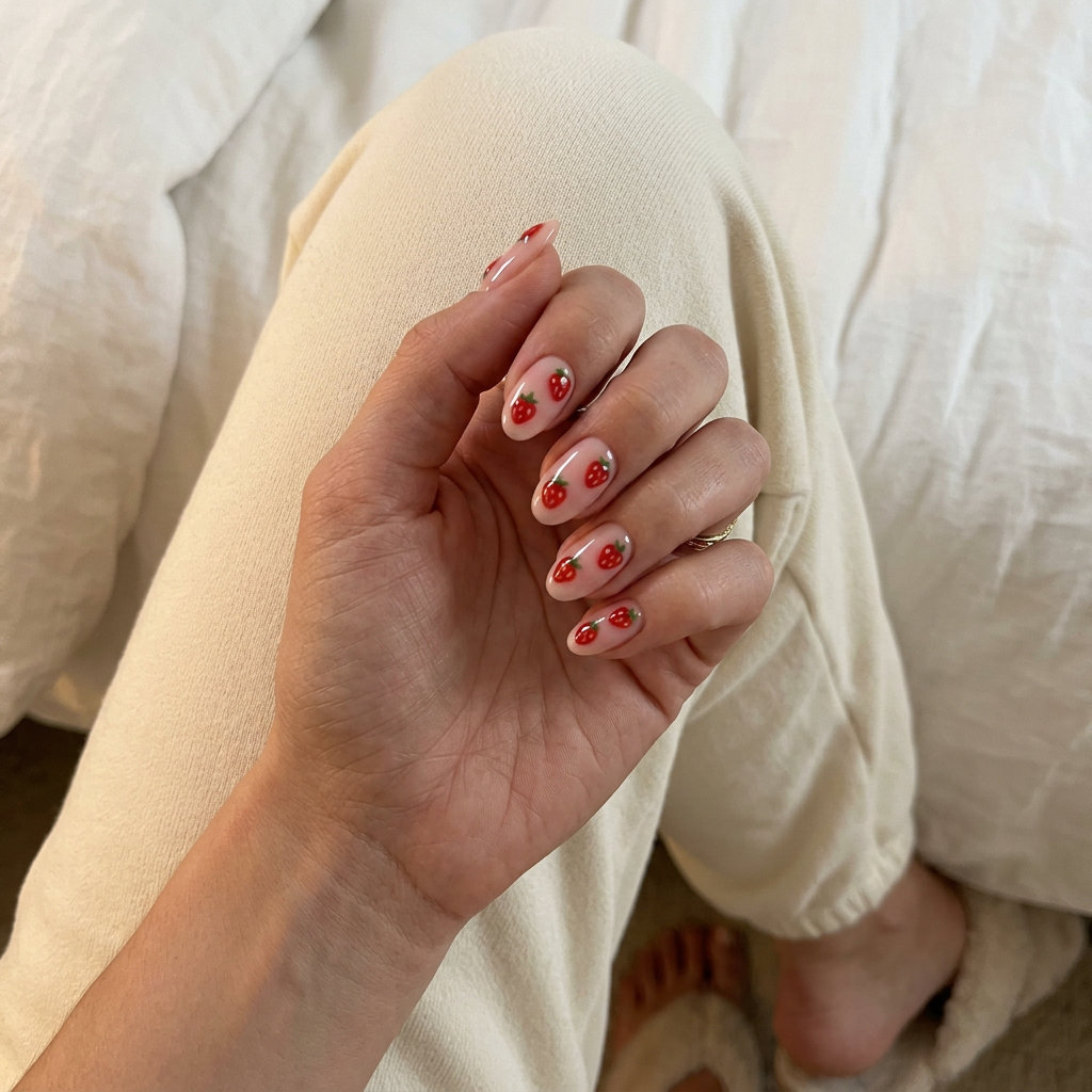 Sweet jelly strawberry accent oval nails for summer fruits nail art 2026, with a translucent red and milky pink design.