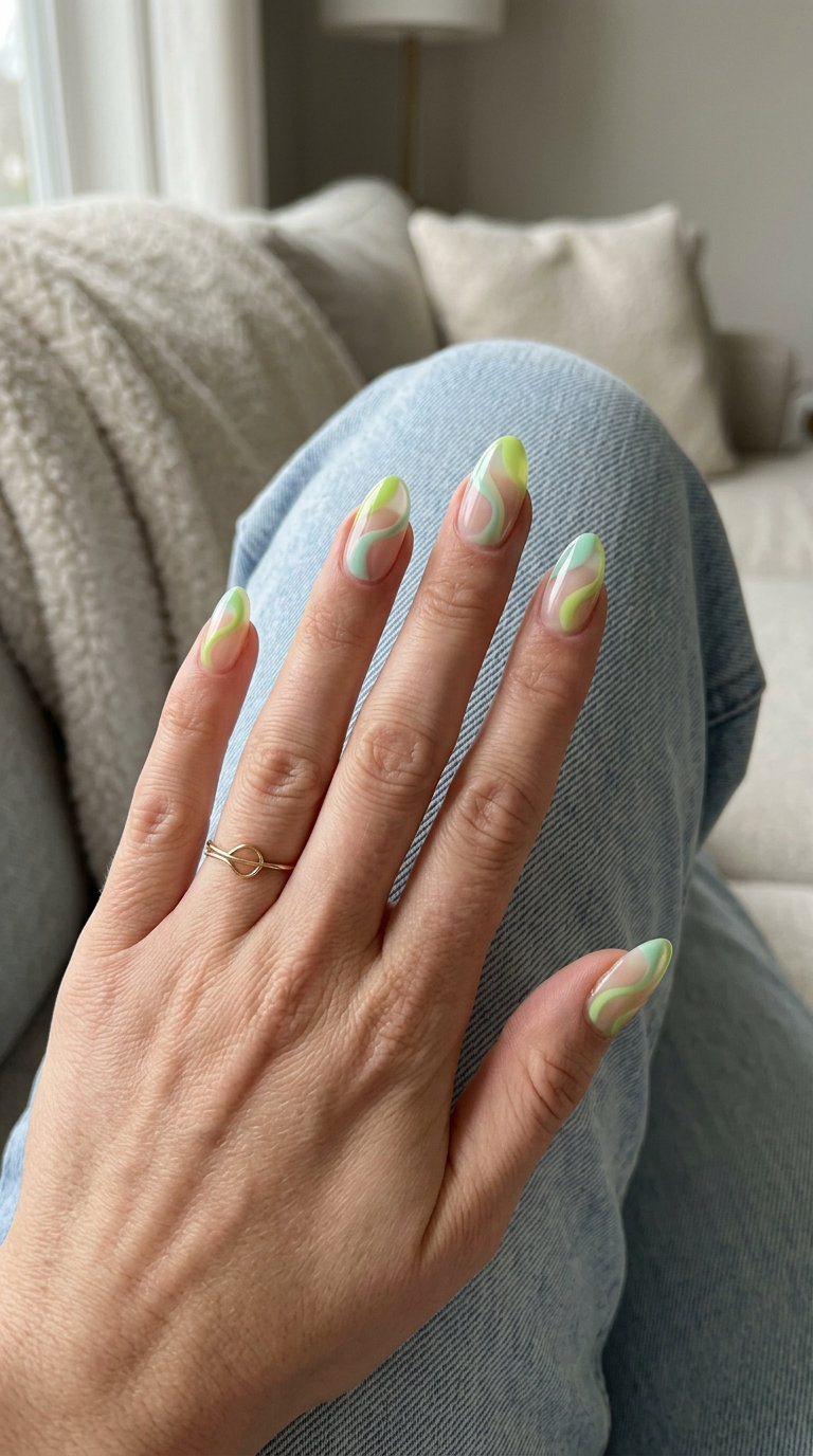 Refreshing lime and mint abstract swirls almond nails for summer fruits nail art 2026, with a sheer, artistic finish.