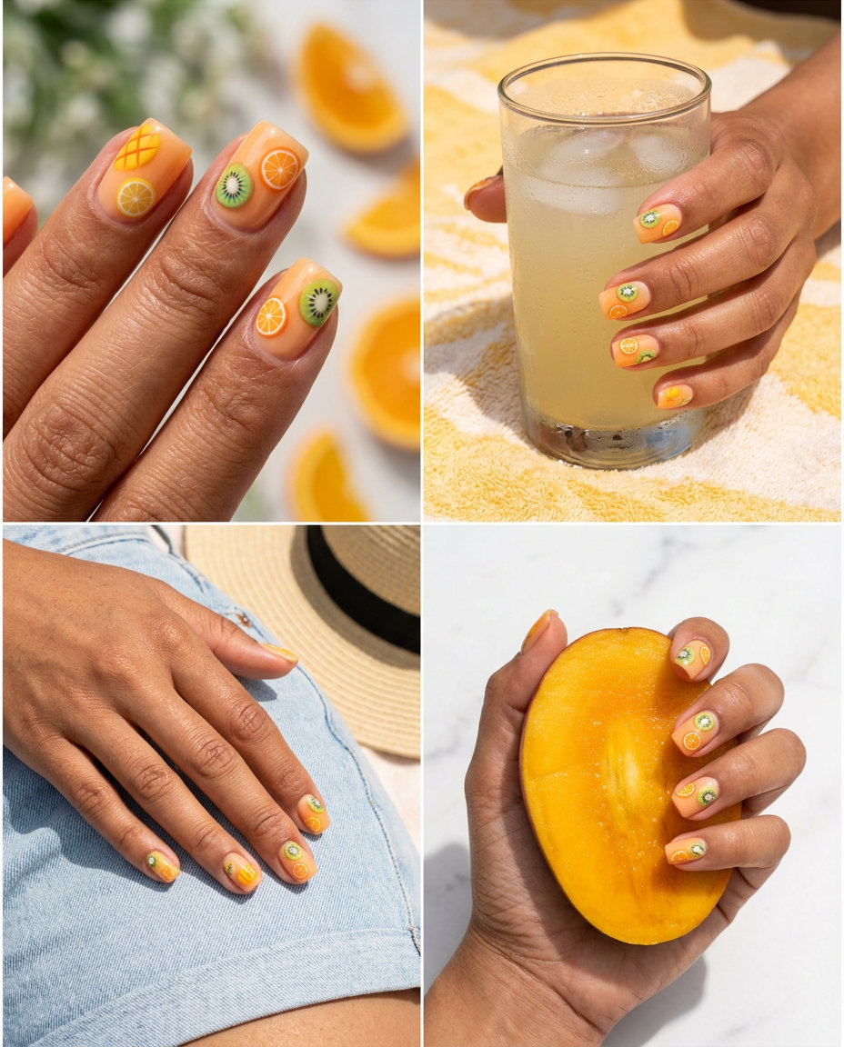 Milky mango slice square nails, perfect for summer fruits nail art 2026, featuring milky white and juicy orange.