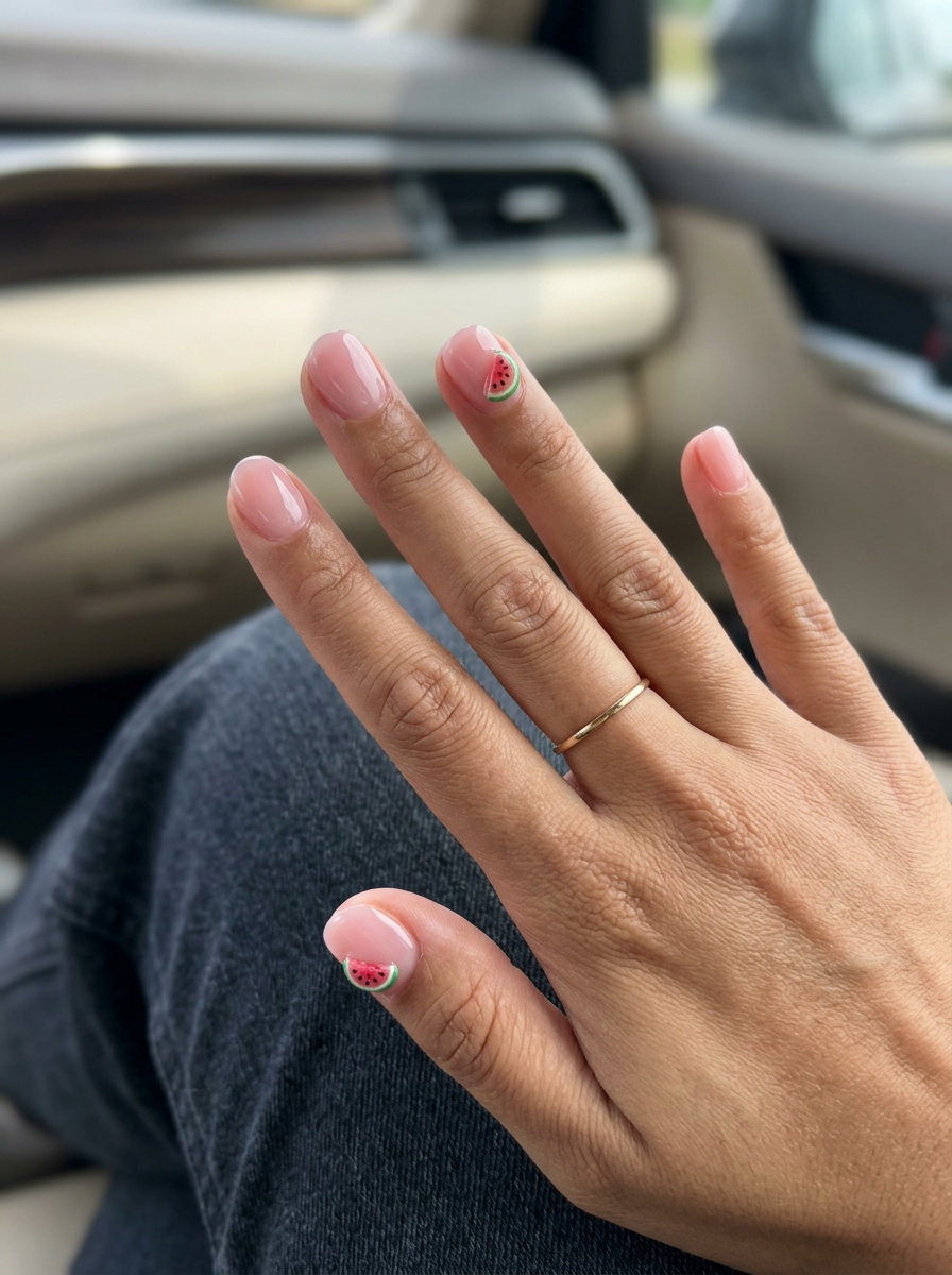 Miniature Watermelon Charm Round nails for festivals, a whimsical and playful summer fruits nail art 2026.