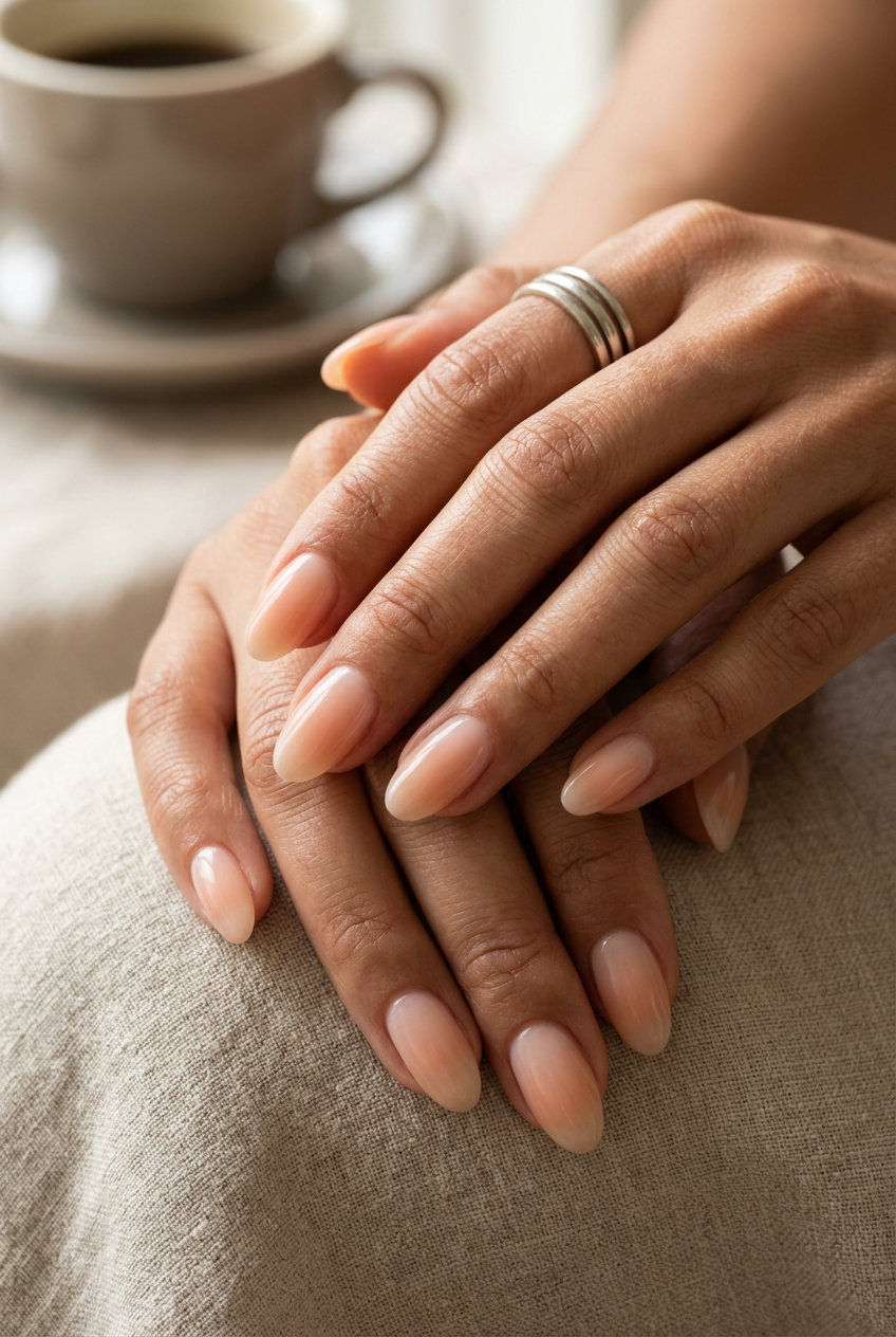 Peach Nude Milky Ombre Oval nails for work, a clean and sophisticated summer fruits nail art 2026.