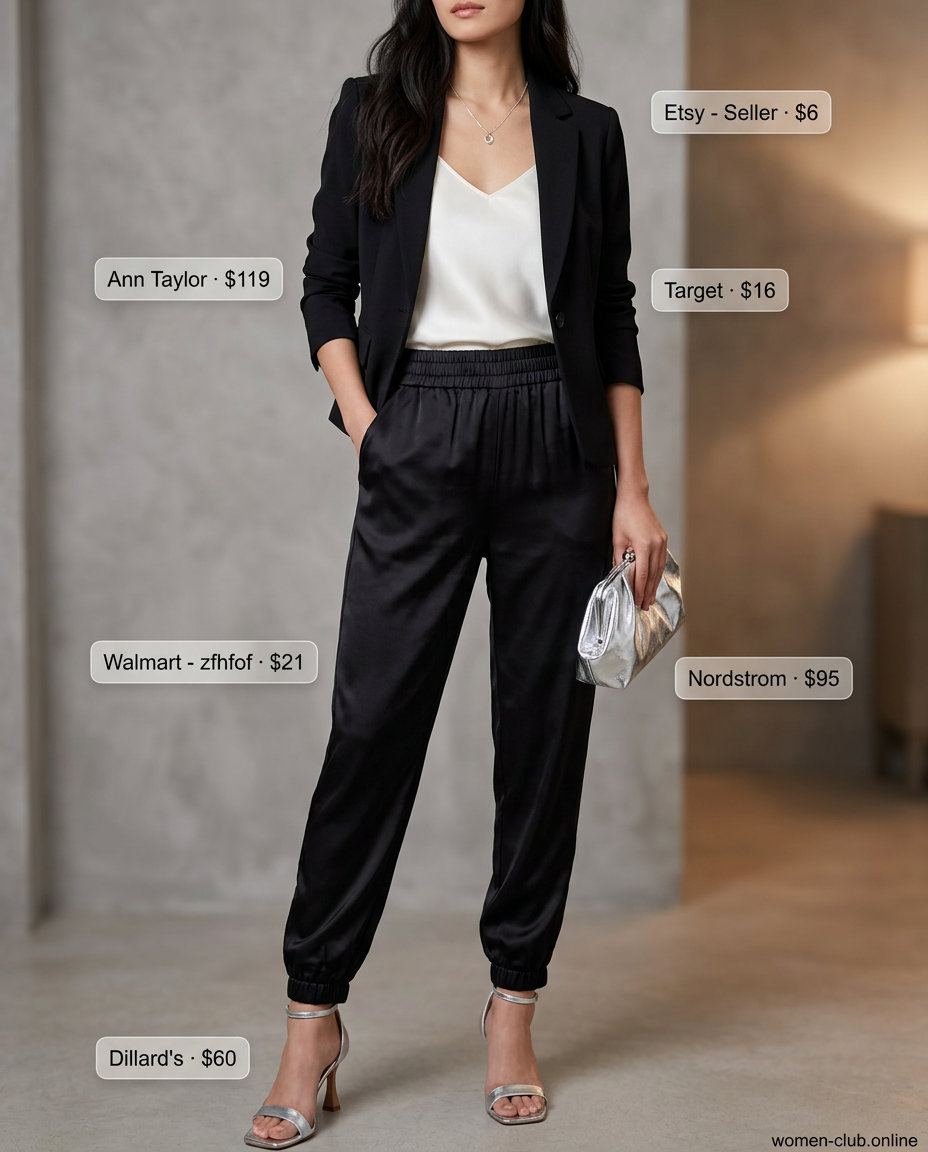 Chic black satin jogger pants outfit for women 2026, perfect for a dinner date with a blazer and heels.