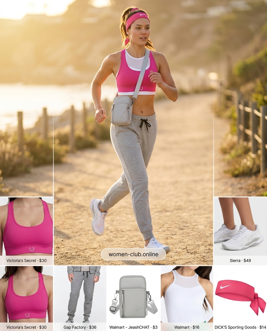 Light grey performance joggers with pink sports bra & white mesh tank for summer outfits women 2026 active style.