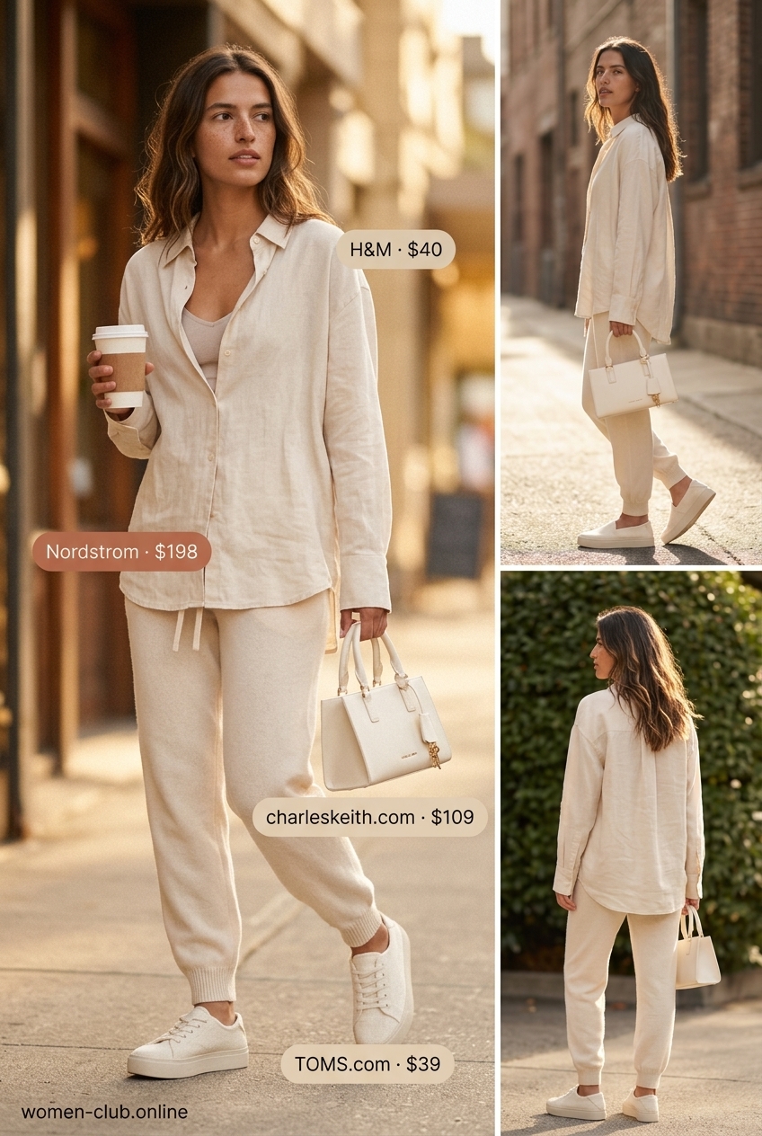 Beige knit joggers with cream oversized shirt & slip-on sneakers for summer outfits women 2026 monochrome style.