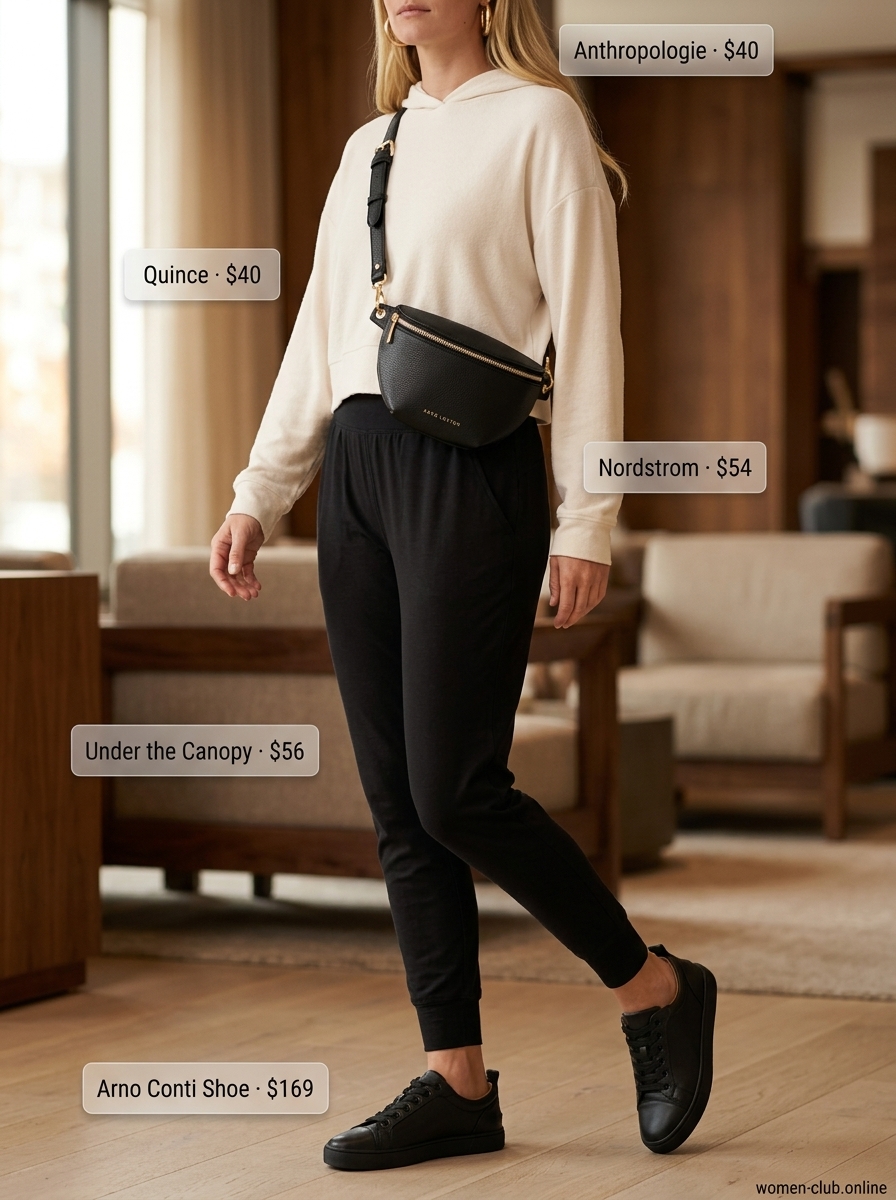 Black jogger pants with cream hoodie and gold hoops for summer outfits 2026.