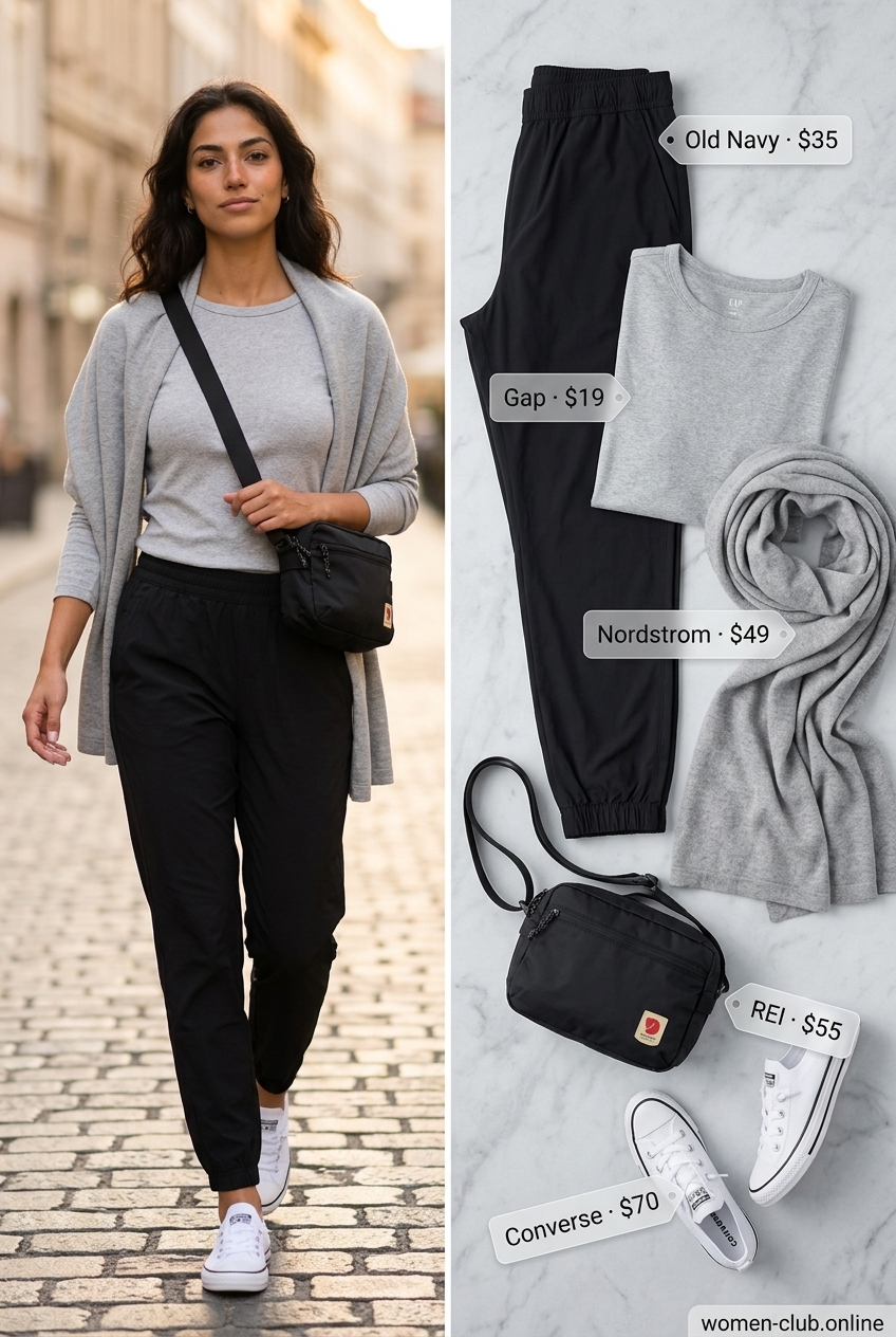 Black performance joggers with grey tee, scarf & sneakers for summer outfits women 2026 travel style.