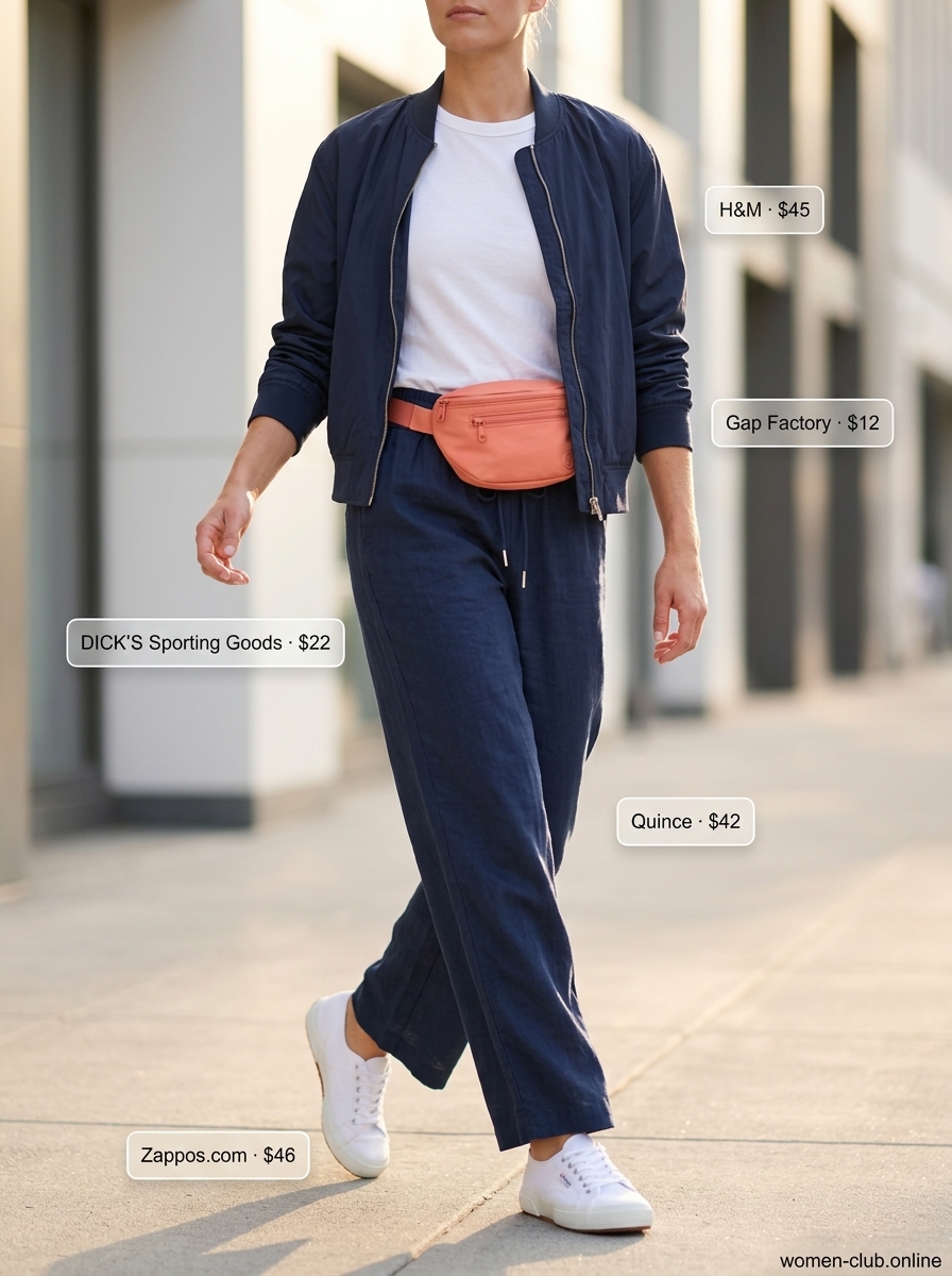 Coral colored pants (not joggers) with white tee, bomber jacket & sneakers for summer outfits women 2026 athleisure.