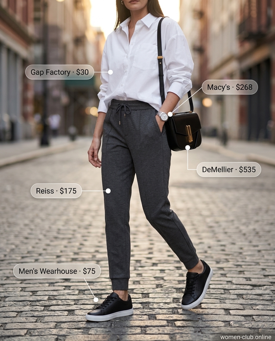 Charcoal grey tailored jogger pants with an oversized white shirt for summer outfits 2026.